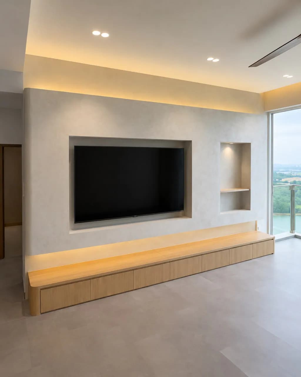 After renovation living room with a built-in TV console and storage